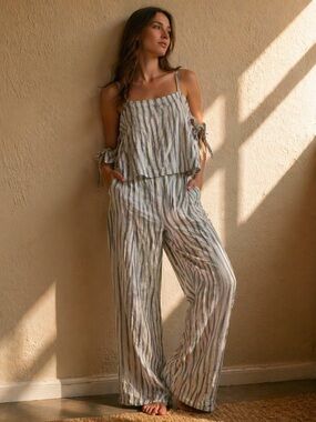 100% Cotton Linen Womens Striped Jumpsuit Blue White Coastal Vacation Casual